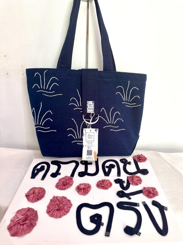 Cotton bag with corrugated pattern, naturally dyed with indigo
